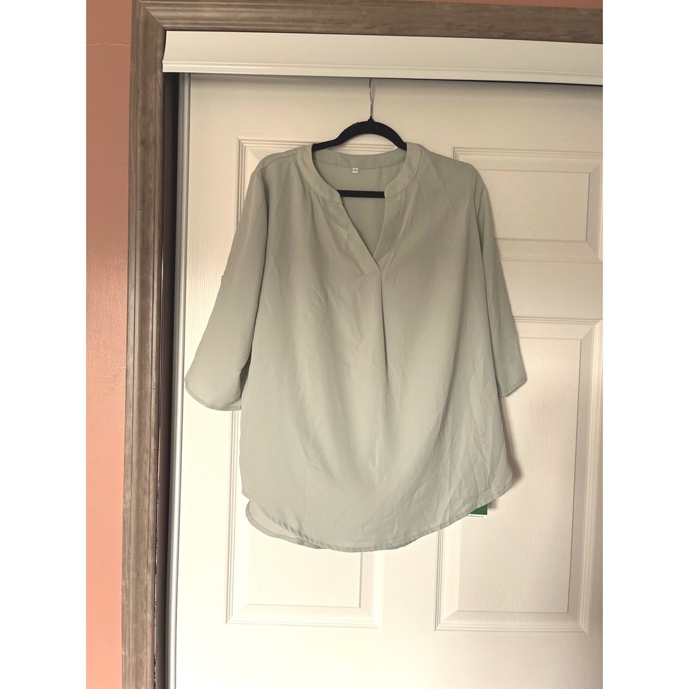 Halara Women Sage Green Roll Tab Sleeve V-Neck Chiffon Tunic Blouse Top Small